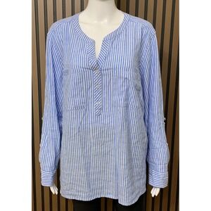 Talbots Women's Plus Blue White Striped Linen Blend Button V-Neck Tunic Top 2X